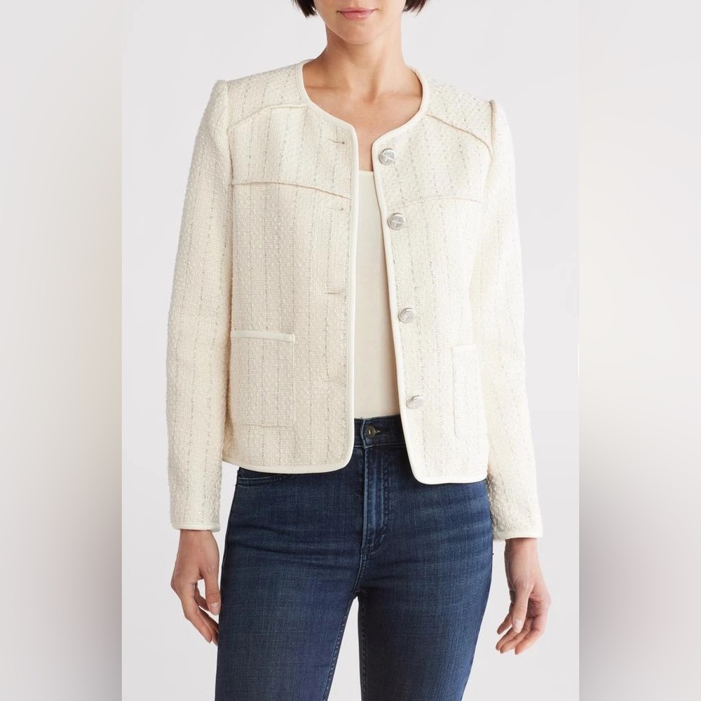 Rag & Bone Mira Collarless Cream Tweed Jacket Sz M MSRP $698 NWT